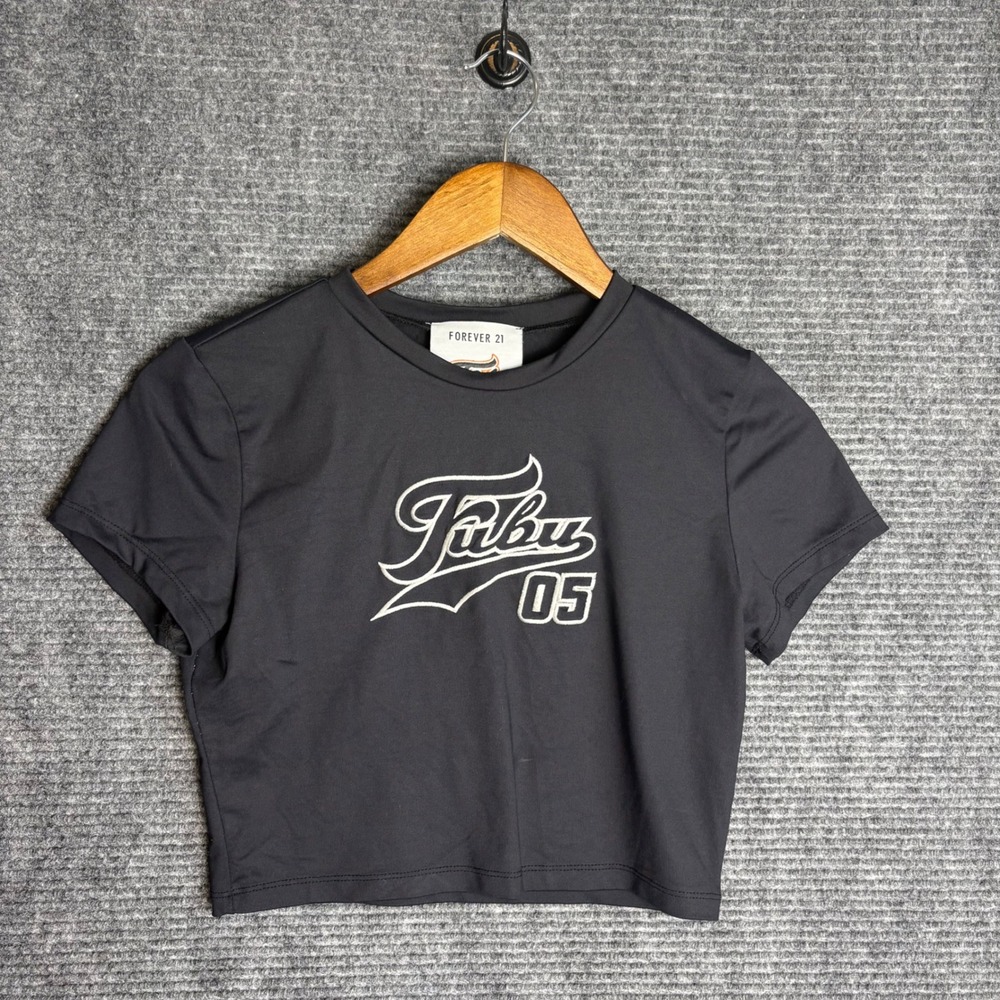Forever 21 x FUBU 05 Black Graphic Crop Top Short Sleeve Baby Tee Small